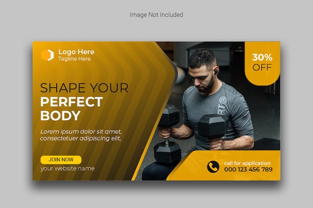 Fitness gym YouTube video thumbnail and web banner with social media post template