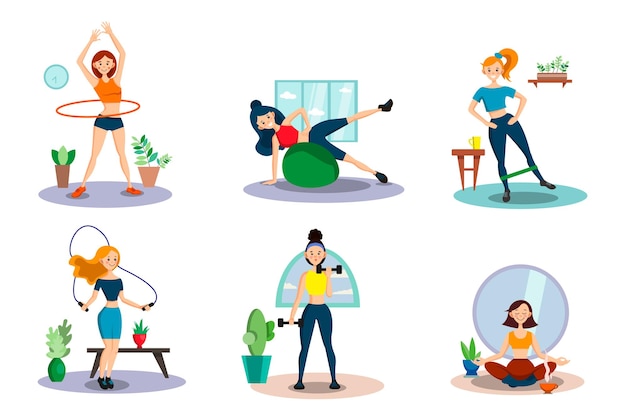 Fitness home illustrations set