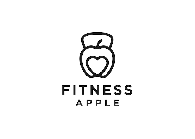 fitness logo with kettlebell apple and love heart icon vector silhouette illustration