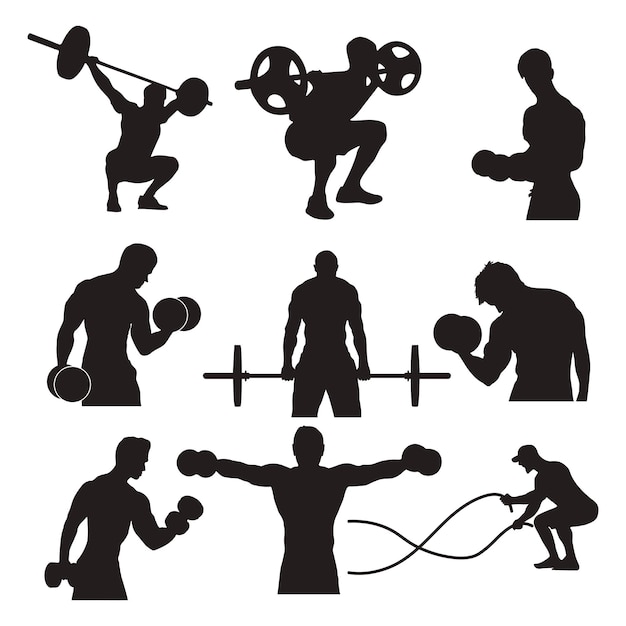 Fitness man gym silhouettes, Exercise silhouettes in different poses