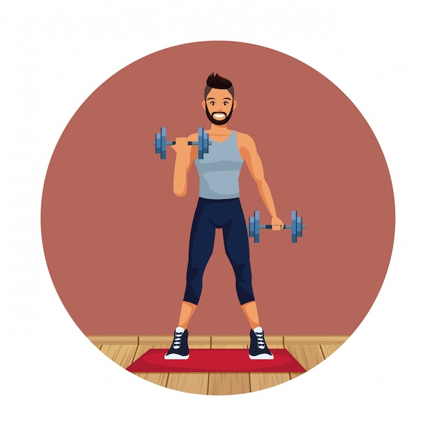 Fitness man lifting weights round frame 