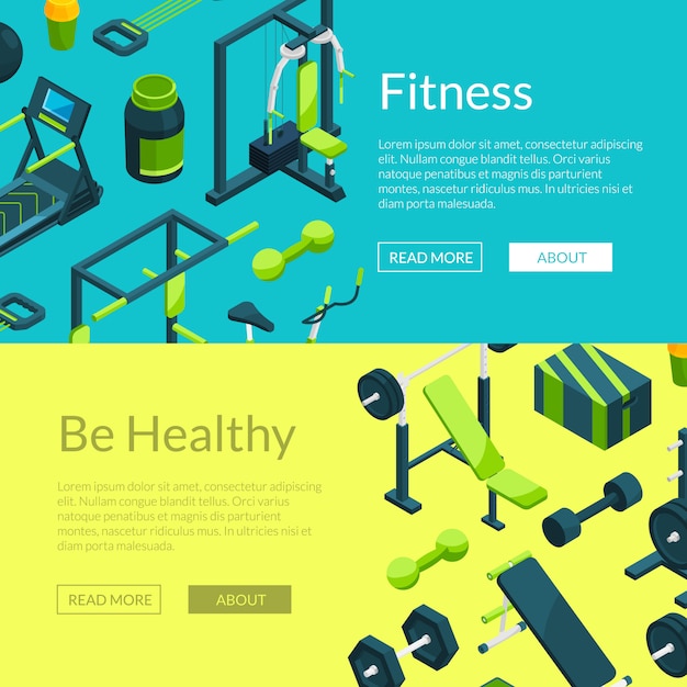 Fitness and power club cards. Vector isometric gym banner template