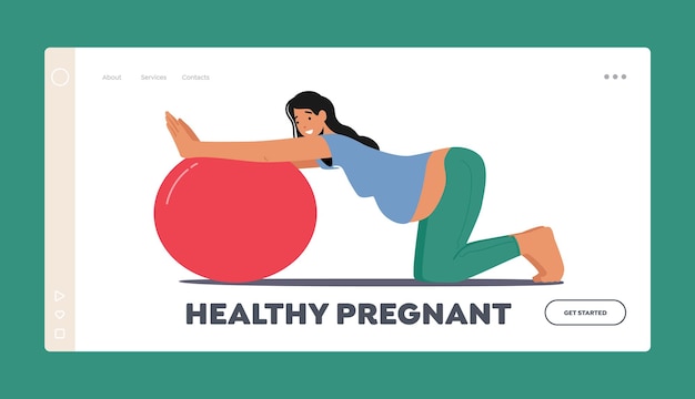 Fitness during Pregnancy Concept for Landing Page Template Pregnant Woman Character Doing Exercises with Fitball Expecting Mother with Big Tummy Sport in Gym Cartoon People Vector Illustration