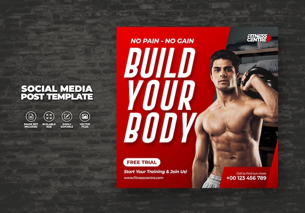 FITNESS STUDIO OR GYM SOCIAL MEDIA BANNER OR SQUARE SPORT FLYER TEMPLATE