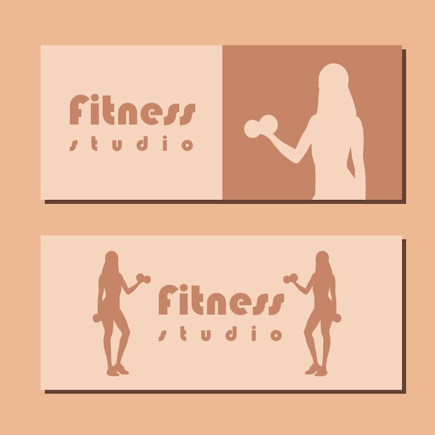 Fitness studio school flyer with silhouette of women in sportswear standing and doing a workout with dumbbells on brown background Vector illustration