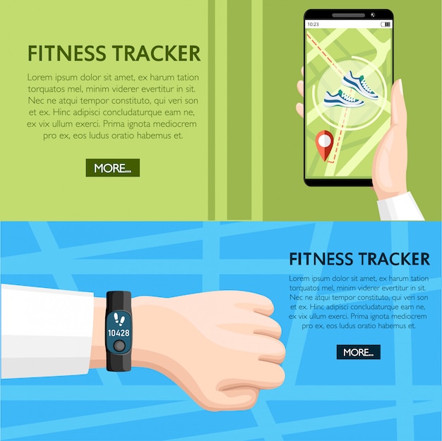 Vector fitness tracker concept. sport bracelet on hand. smartphone mobile app shows way. wristband with steps counter.  illustration on background texture. place for your text. website page 