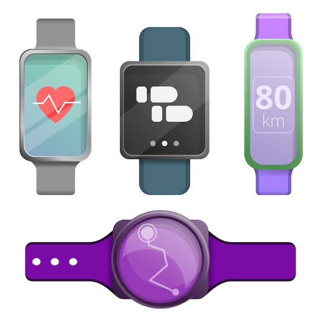 Fitness tracker icons set, cartoon style