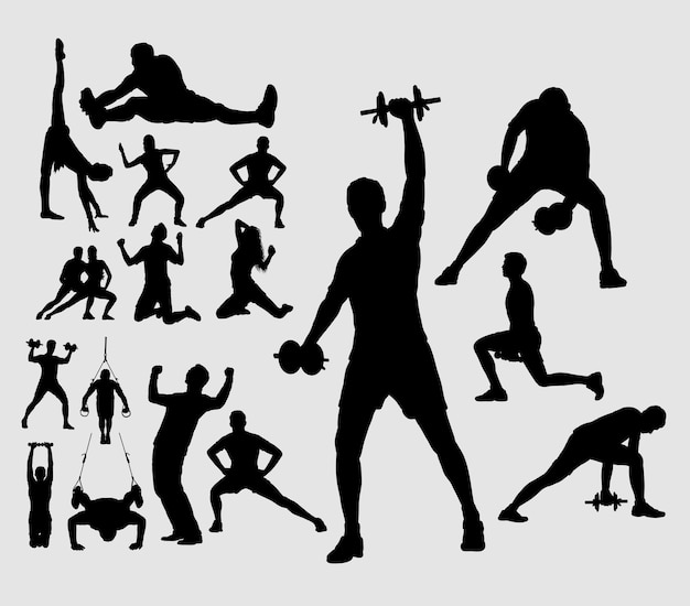 Fitness, training, exercise, dance, and aerobic male and female sport silhouette