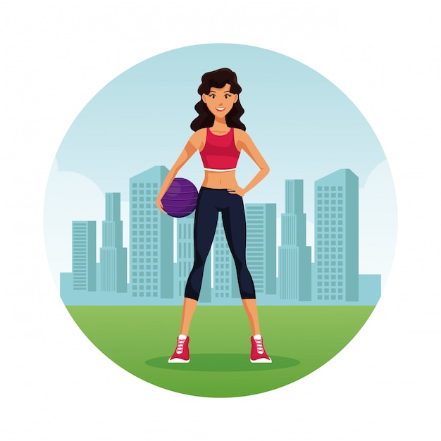 Fitness woman at city round icon cartoon 