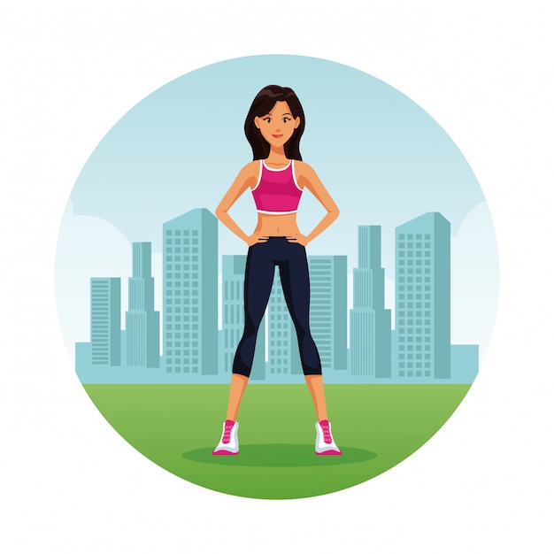 Fitness woman at city round icon cartoon 