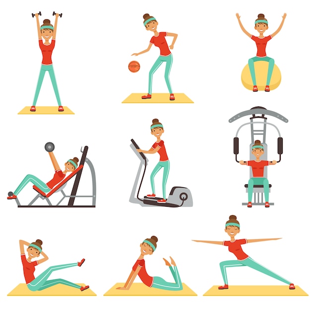 Fitness woman exercising in the gym with sports equipment set of colorful  Illustrations