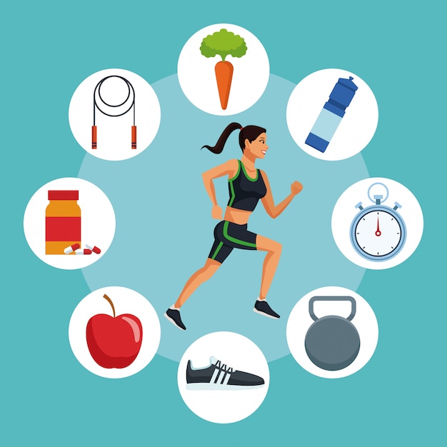 Fitness woman running with sport round symbols 