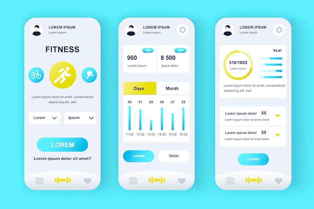 Fitness workout unique neomorphic  kit. Personal trainer app with activity analytics, strength and cardio training. Sport activity UI, UX template set. GUI for responsive mobile application.