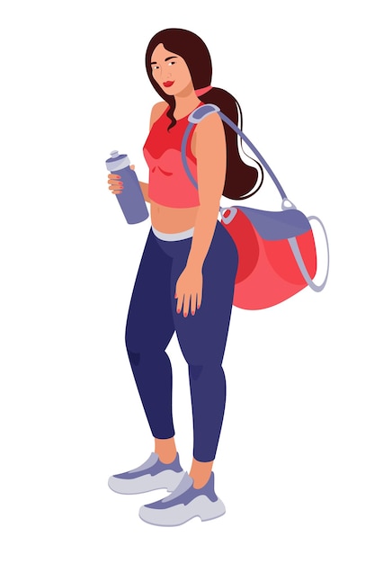 Fitness young woman with sports bag and water bottle Trendy vector flat illustration for gym