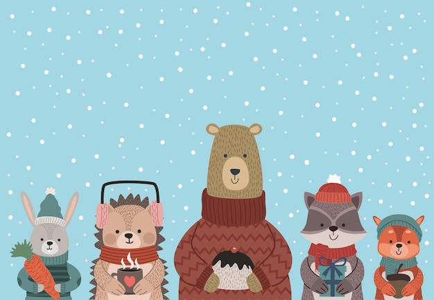 Five animals wearing winter clothes