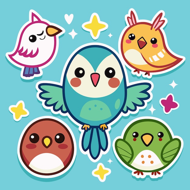 Vector five cartoon birds with bright colors and happy expressions against a blue background with stars and flowers