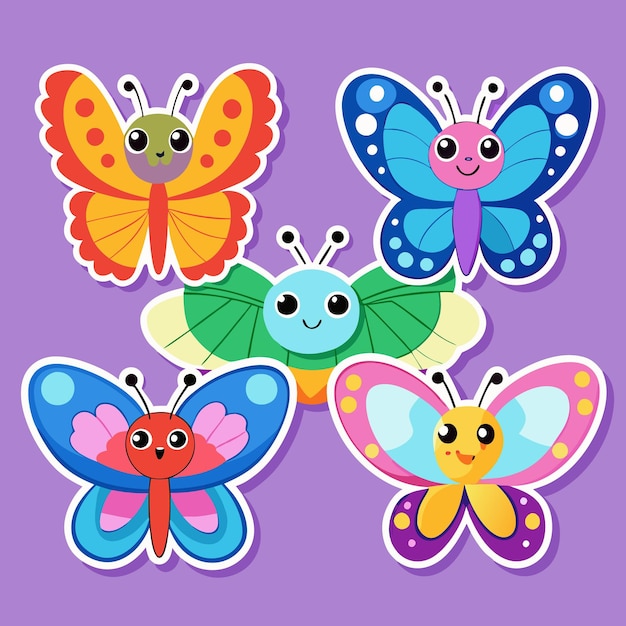 Five cartoon butterflies in various colors with big eyes and smiles on a purple background