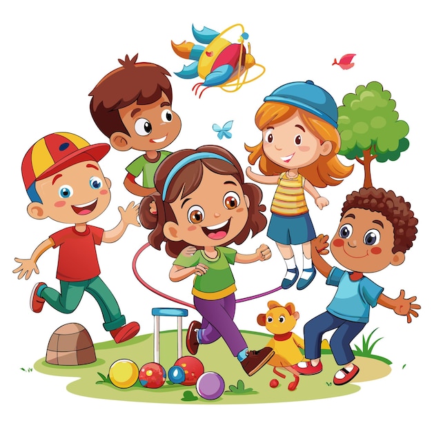 Vector five cheerful children playing together in a park with toys and a small tree