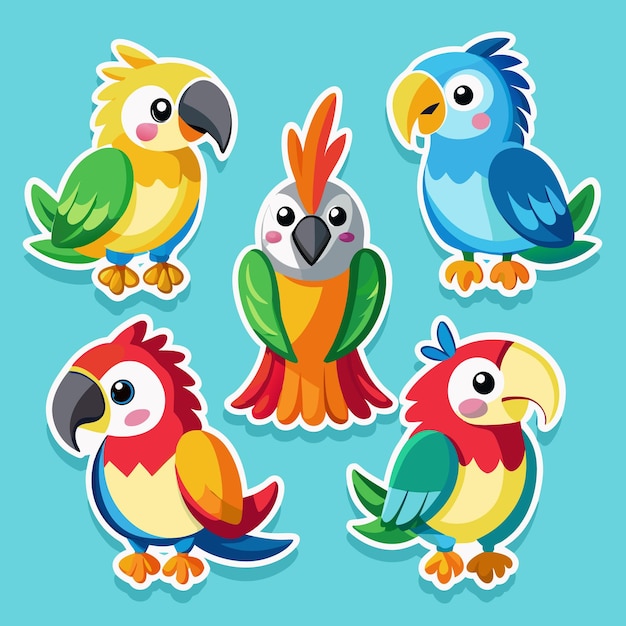 Vector five colorful cartoon parrots with cute faces on a blue background