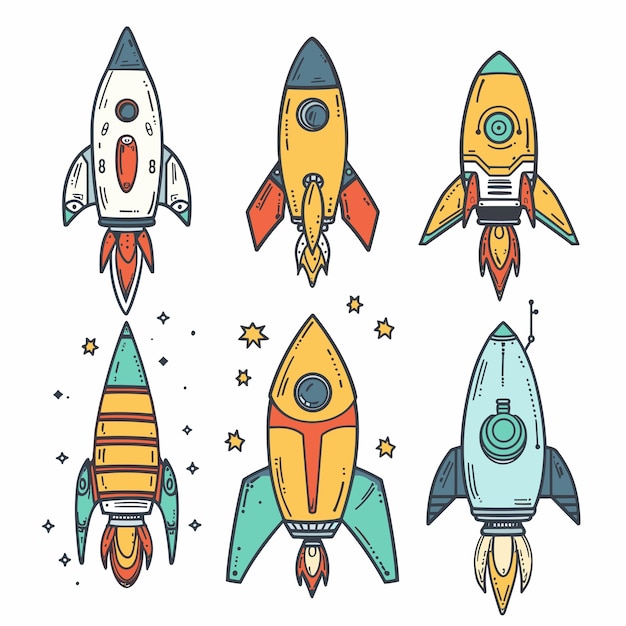 Five colorful cartoon rockets displayed against white background stars dots scattered around