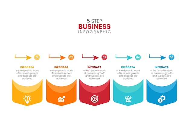 Five colorful graphic elements concept of arrow business infographic model with 5 successive steps