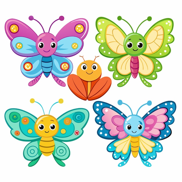 Vector five cute cartoon butterflies with smiling faces isolated on white background