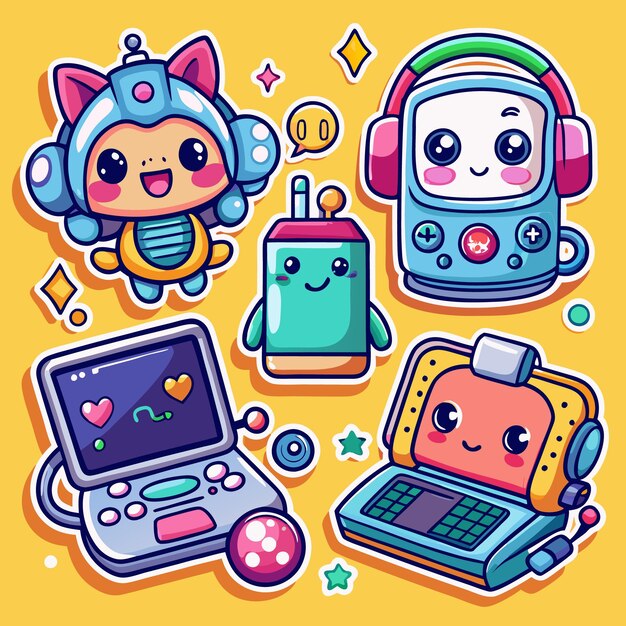 Vector five cute cartoon robots with happy faces