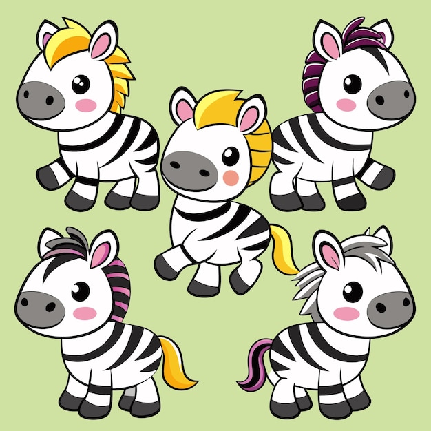 Five cute cartoon zebras with different colored manes and tails standing on a light green background