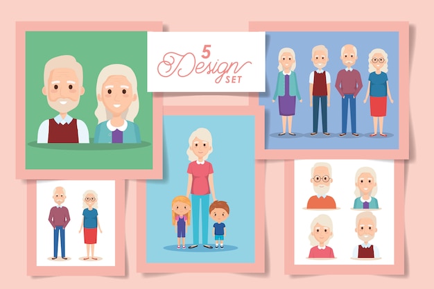 Five designs of grandparents with grandchildren