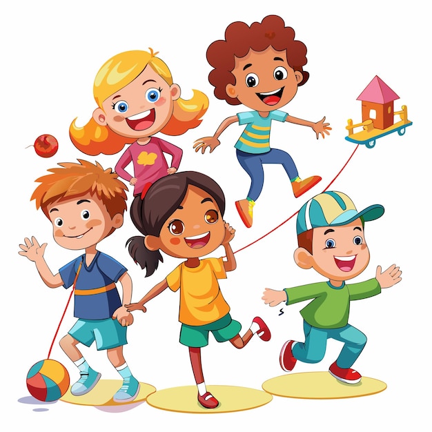 Vector five diverse children playing with a toy house ball and string