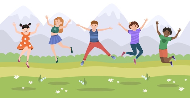 Five happy children jumping for joy on the background of mountains - Vector illustration