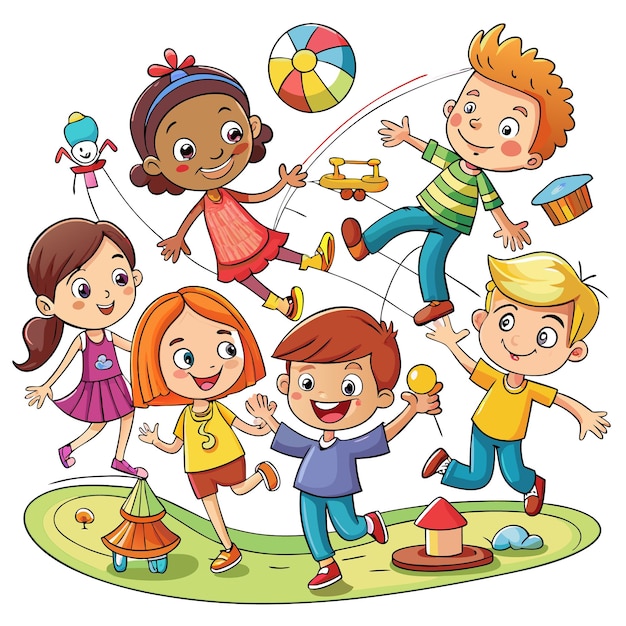 Vector five happy children playing outside with toys ball and kite on a green path