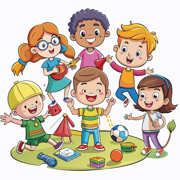 Five happy children playing together on a green field with toys