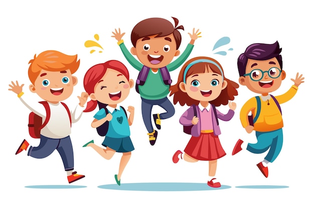 Vector five happy children with backpacks jumping and smiling