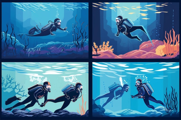 Vector five images of people scuba diving underwater