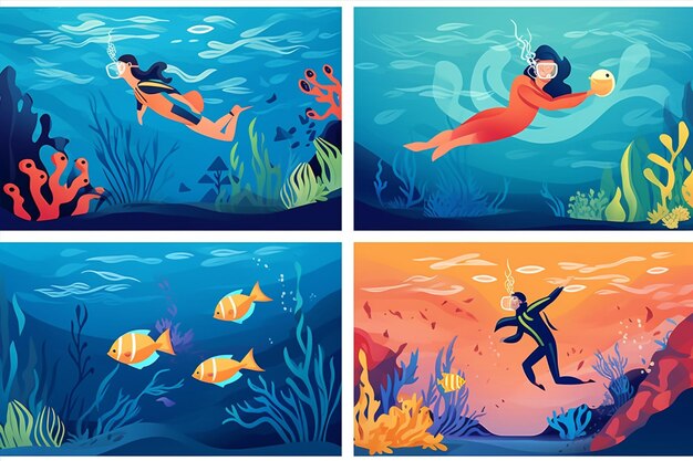 Vector five images of people scuba diving underwater