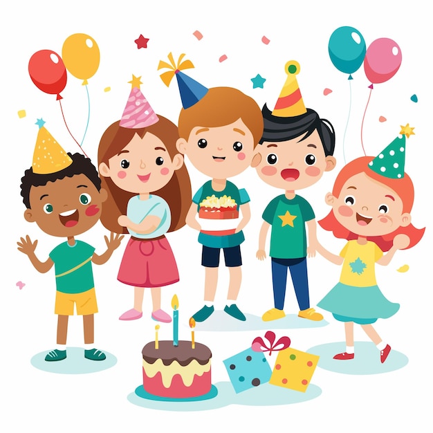 Five kids celebrate a birthday with cake balloons and gifts