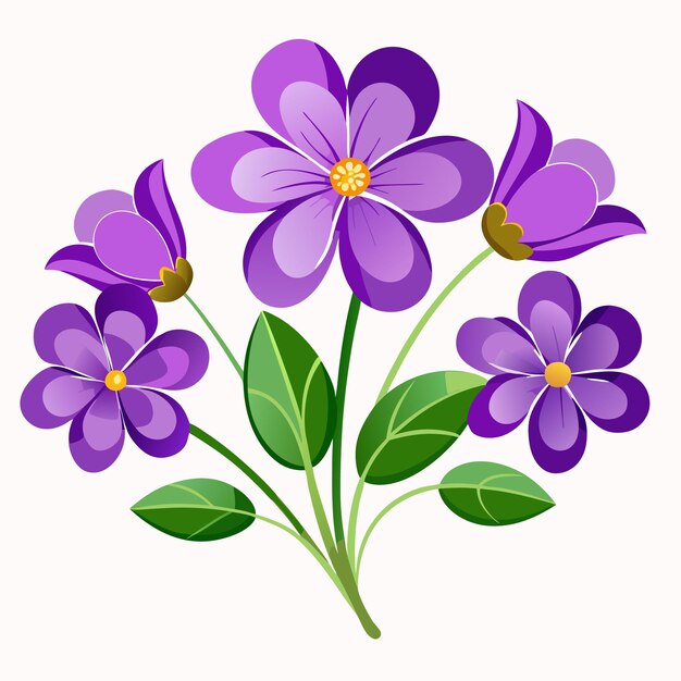 Five purple flowers with yellow centers and green leaves on a white background