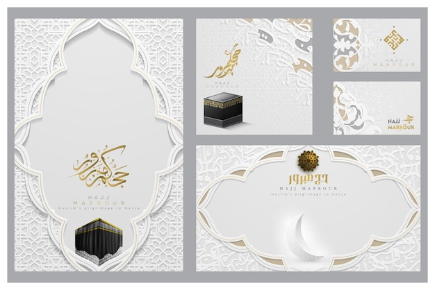 Five Sets Of Hajj Mabrour Greeting Card Floral Pattern design with arabic calligraphy and kaaba