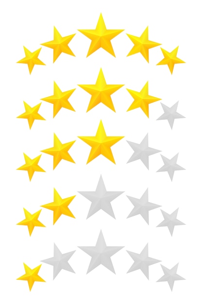 Five star rating. Different ranks from one to five stars. Golden embossed and gray transparent stars.