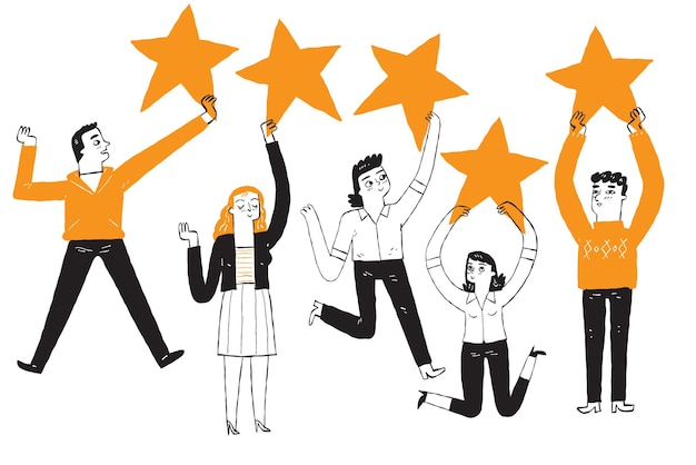 Five star rating positive feedback and high evaluation level. Happy satisfied people holding five gold star giving positive feedback and good review, supporting product or service vector illustration