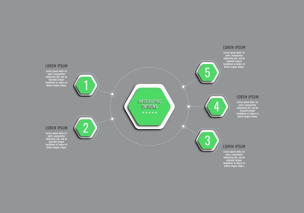 Five steps infographic diagram template with green hexagonal elements. Business visualization