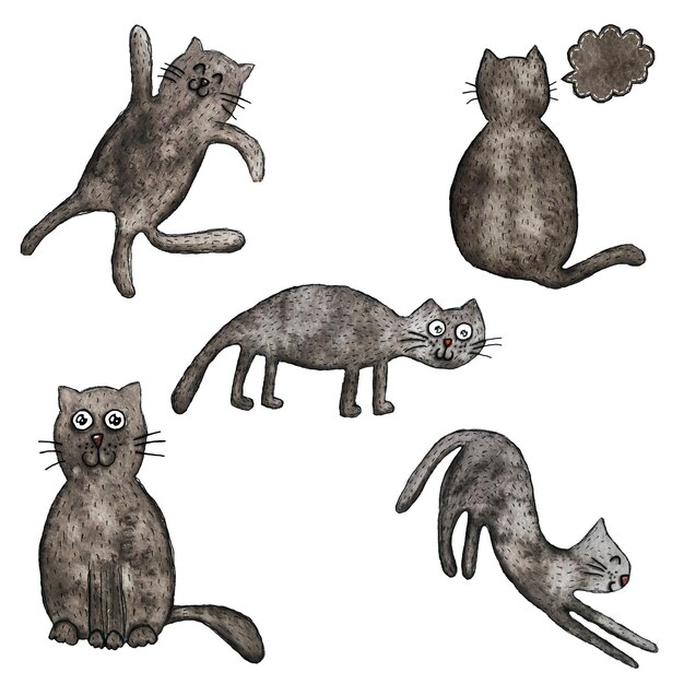 Five watercolor cats characters