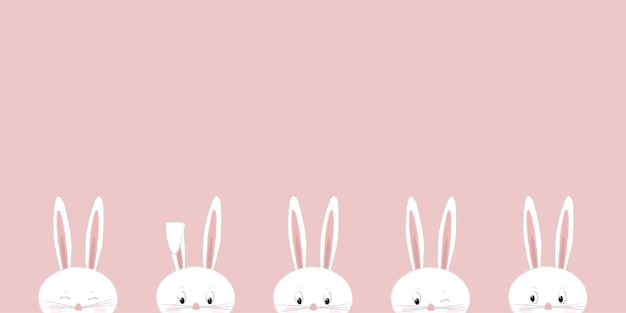 Five white bunnies on pink background. Rectangular format with copy space.