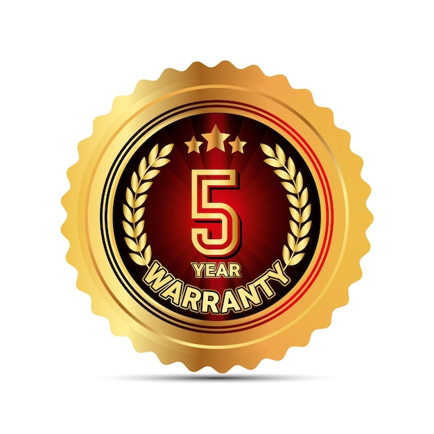 Vector five year warranty badge for packaging sticker golden and red warranty sticker badge