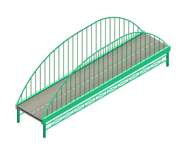 Fixed bridge with metal arch and tie rod oated with asphalt isometric vector illustration