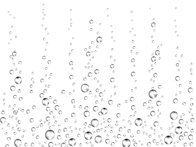 Fizzing air bubbles on white background. Underwater oxygen texture of water or drink. Fizzy bubbles in soda water, champagne, sparkling wine, lemonade, aquarium, sea, ocean. Realistic 3d illustration.