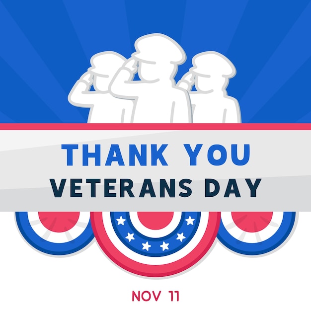 Flag in celebration for thank you Veterans Day kawaii doodle flat vector illustration Premium Vector