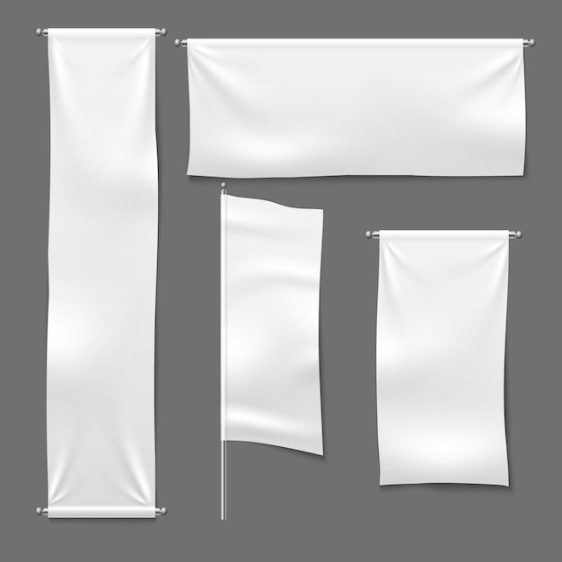 Vector flag and hanging banners. white advertising blank textile banner fabric horizontal cloth sign, textile ribbons set