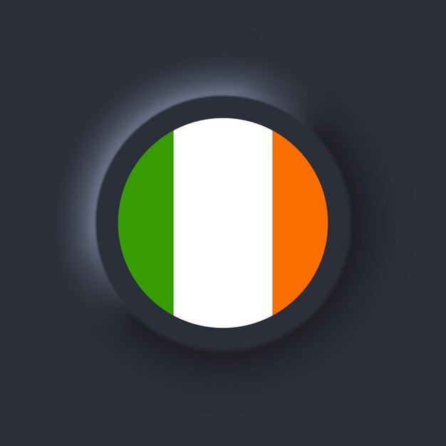 Flag of Ireland. National Ireland flag. Irelandian symbol. Vector illustration. EPS10. Simple icons with flags. Neumorphic UI UX dark user interface. Neumorphism